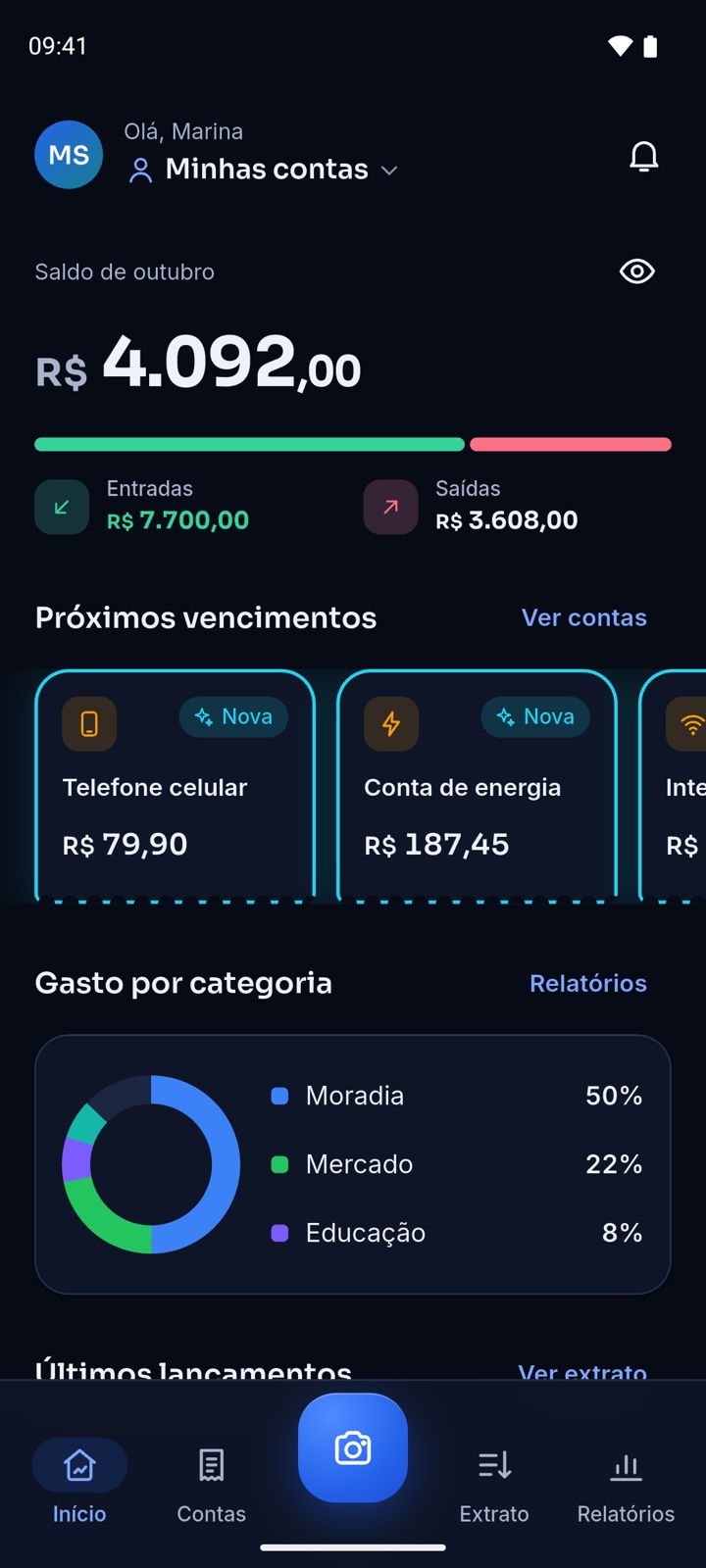 Tela inicial do app GR Finanças, com saldo do mês, próximos vencimentos e gasto por categoria