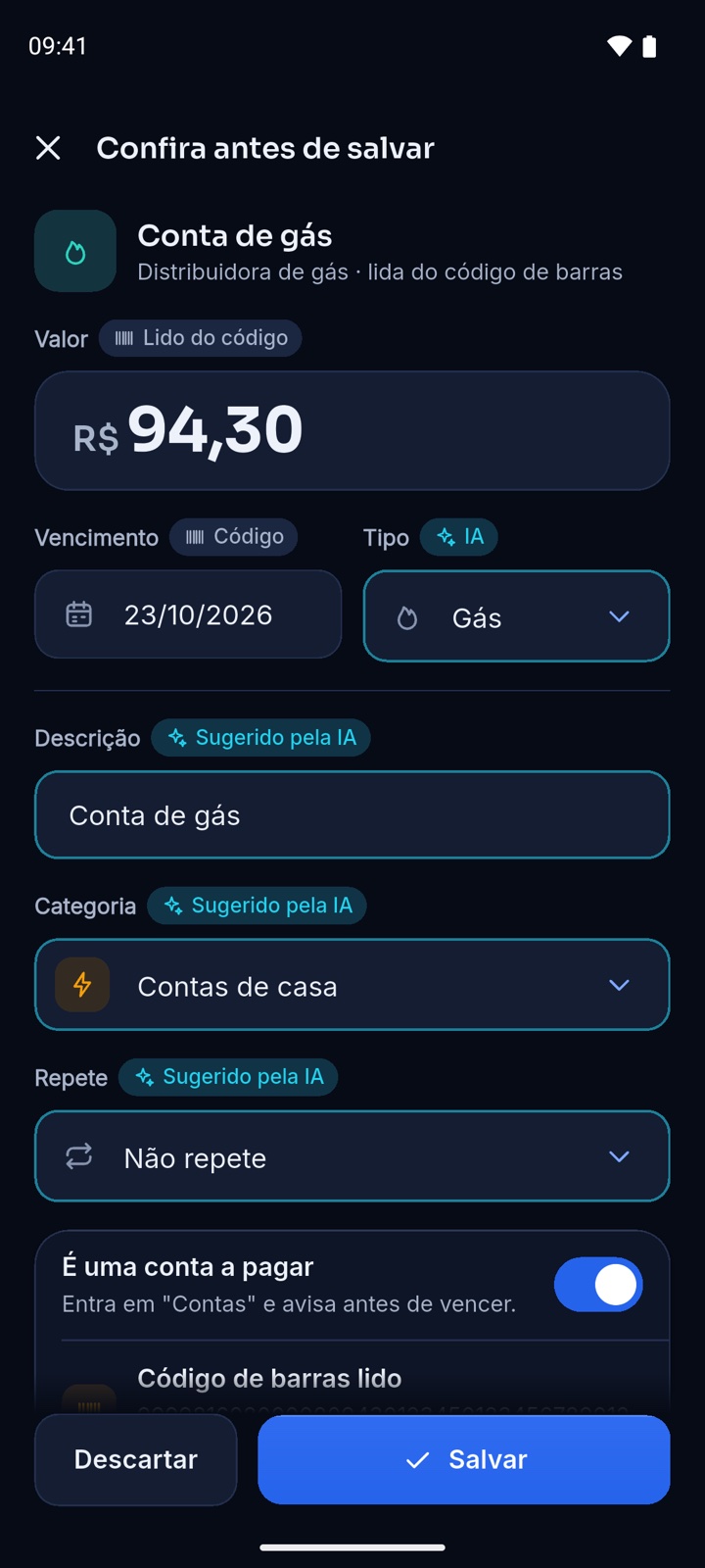 Tela de revisão do app GR Finanças, com os dados que a IA sugeriu para a conta